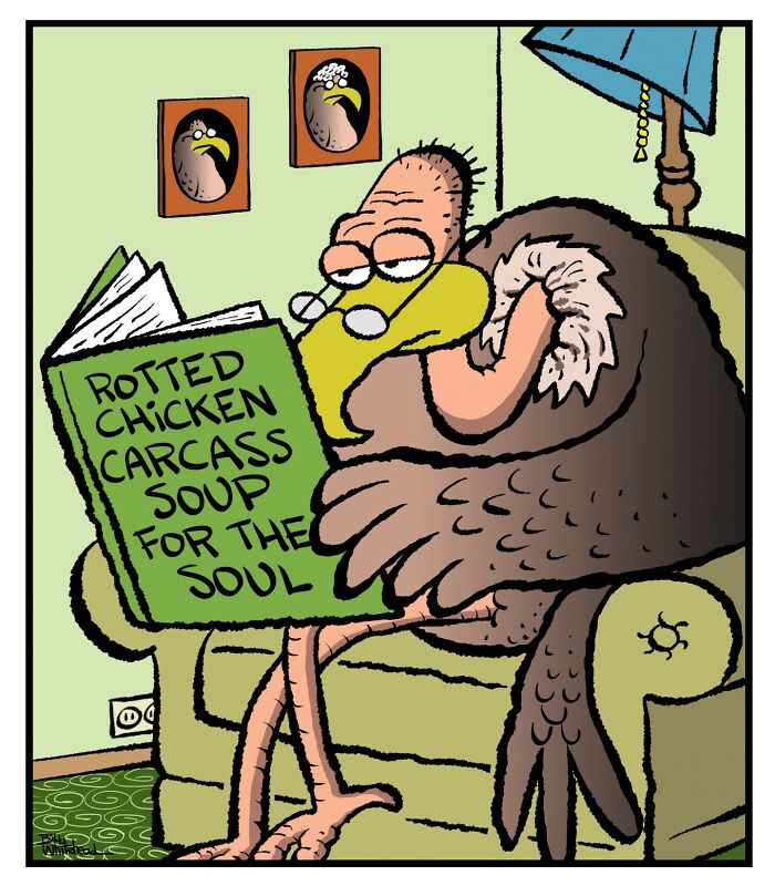 A cartoon vulture sits on a couch reading a book titled 'Rotted Chicken Carcass Soup for the Soul'. Two framed pictures of vultures hang on the wall behind.