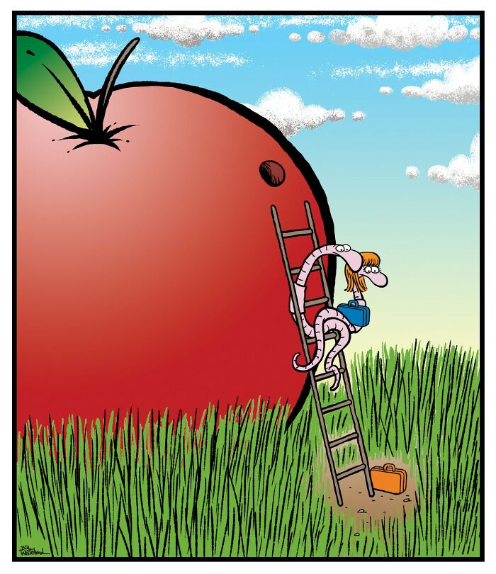 A cartoon worm is climbing a ladder with a briefcase, approaching a large apple in a grassy field. An orange briefcase is sitting on the ground below.