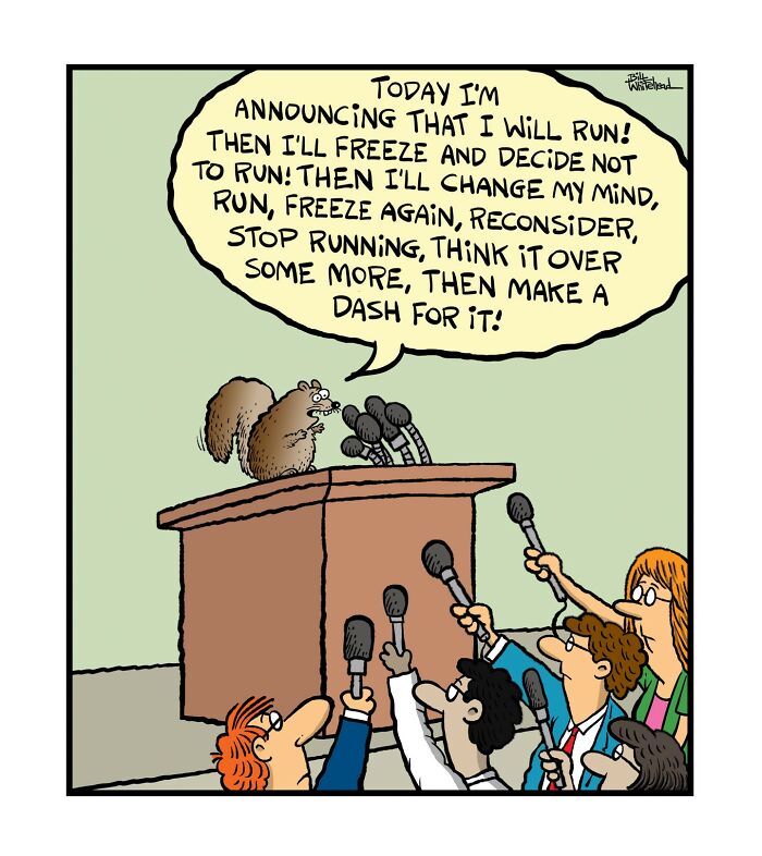 A squirrel stands at a podium with microphones in front of it, making a speech about indecision while reporters hold up microphones.