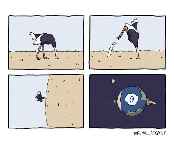 A comic shows an ostrich kicking the ground and launching itself off the Earth, with the planet spinning and the bird flying toward space.