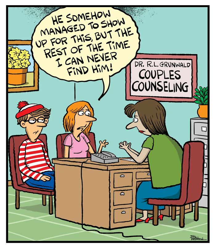 A woman sits with a man at a counseling session. She is frustrated because the man can never be found, except for therapy sessions.