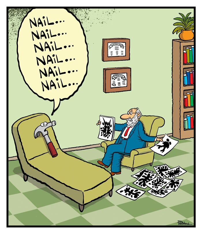 A hammer lies on a therapist's couch, repeatedly saying