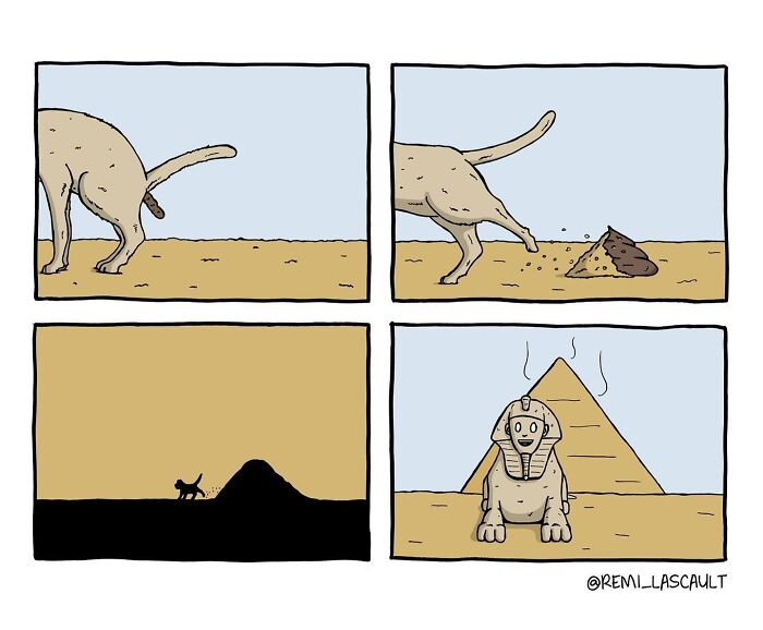 A cat walks away from a pile of dirt resembling a pyramid, casting a shadow that looks like ancient Egypt. The last panel shows the dirt turned into a Sphinx.