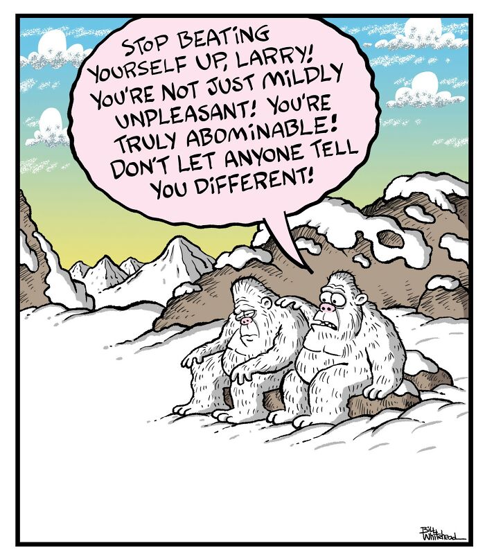 Two yetis sit on a snowy mountain. One yeti encourages the other, named Larry, reminding him he's truly abominable, not just mildly unpleasant.