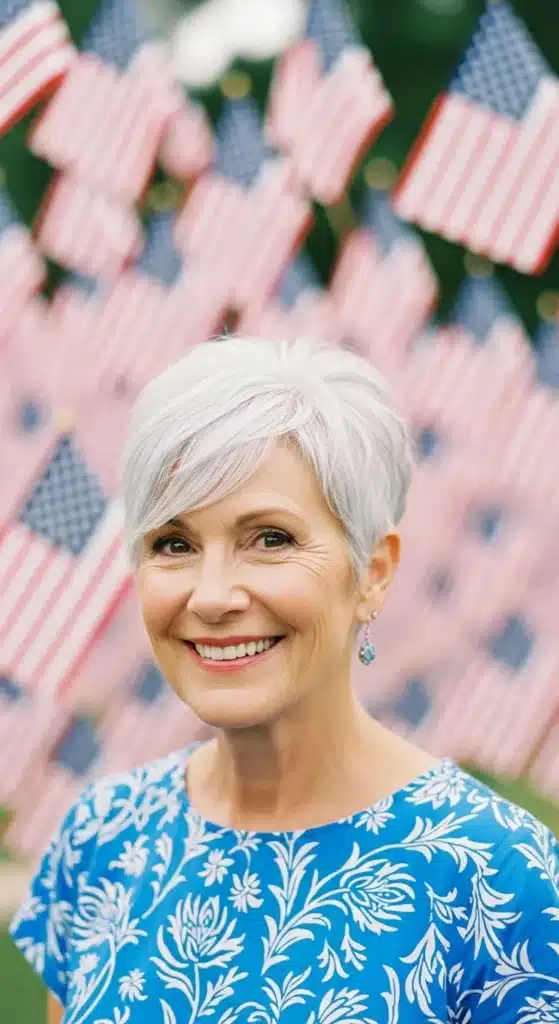 Bold silver pixie hairstyle for women over 60 styled for 4th of July 2025, showing confident short silver hair in a festive outdoor setting.