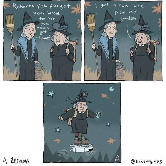 Two elderly witches are talking; one holds a broom, the other a smartphone. In the next scene, the witch with the phone rides a flying Roomba with her cat.
