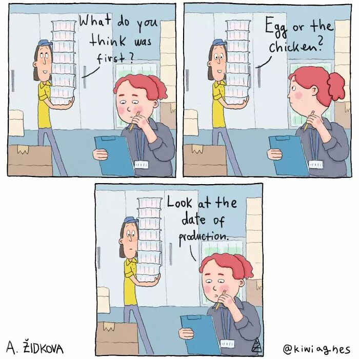 A person holding a stack of containers asks another person,
