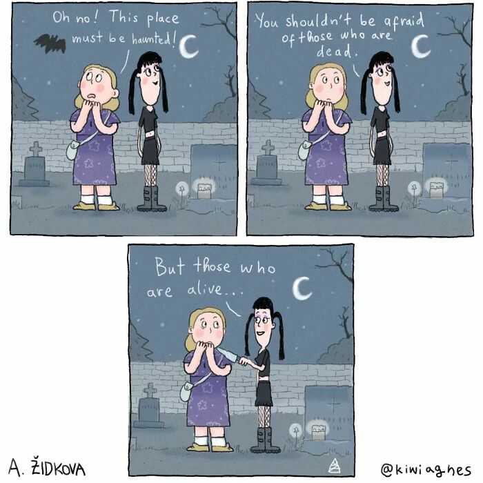 Two girls are standing in a graveyard under a crescent moon. One looks scared, saying the place must be haunted. The other reassures her, saying it's not the dead she should fear, but the living.