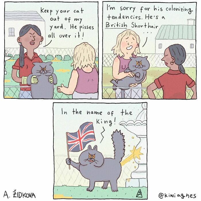 A woman complains about a cat peeing in her yard, while another apologizes for the cat's colonizing tendencies, explaining it's a British Shorthair. In the last panel, the cat raises a British flag, claiming territory.