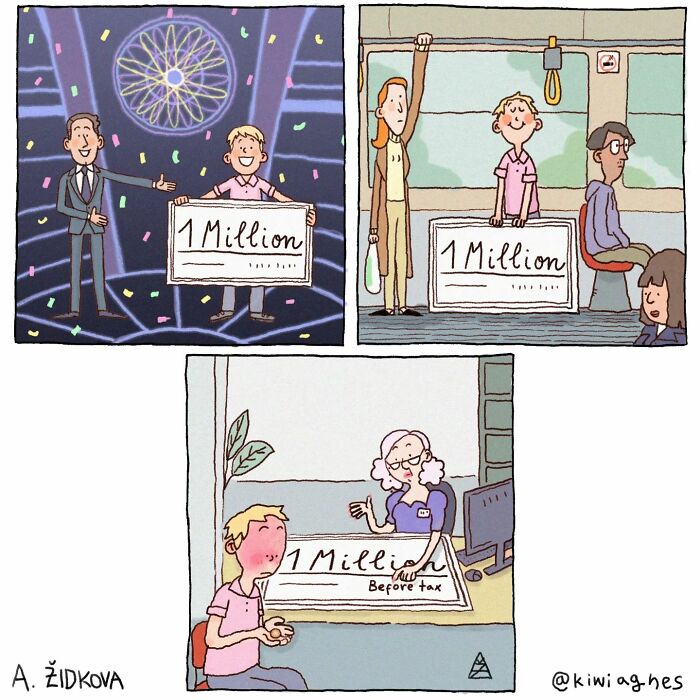 Three-panel comic. A man excitedly holds a giant check for 1 million at a game show. In the next panel, he's carrying the check while on a bus. In the last panel, an office worker adds