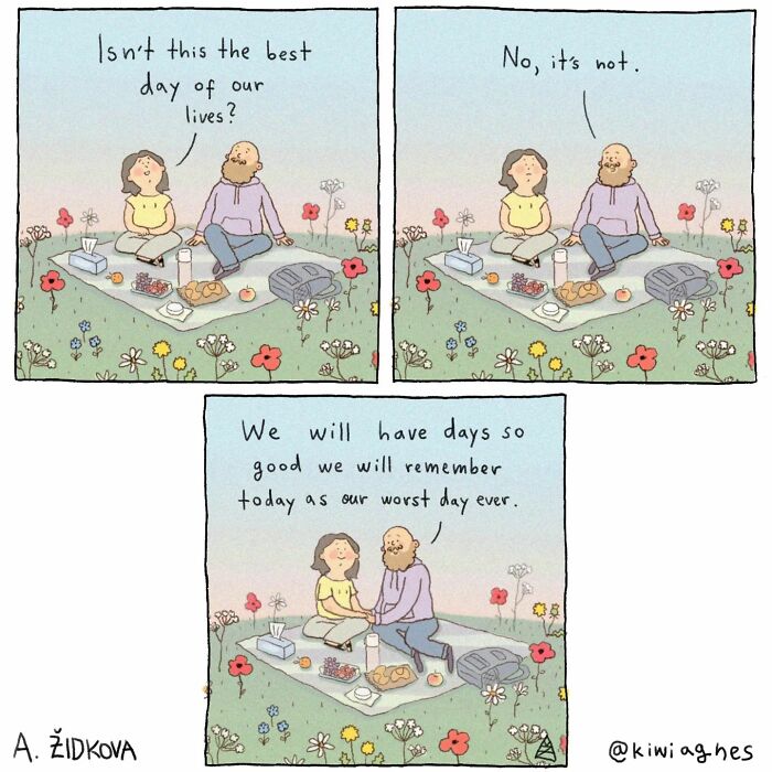 Two people sit on a picnic blanket surrounded by colorful flowers. The woman asks if this is the best day of their lives. The man says no, and in the last panel, reassures her that they will have much better days in the future.