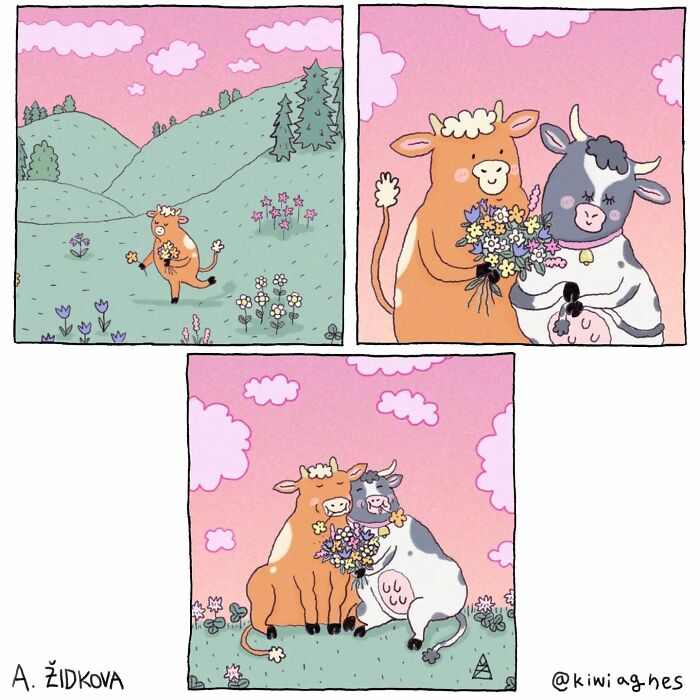 A cow gathers a bouquet of flowers in a meadow. The cow then presents the flowers to another cow, and they sit together happily holding the bouquet.