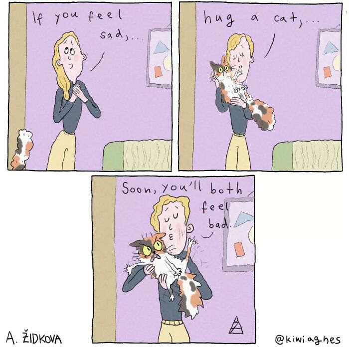 A person hugs a cat, initially seeking comfort, but both end up looking distressed.
