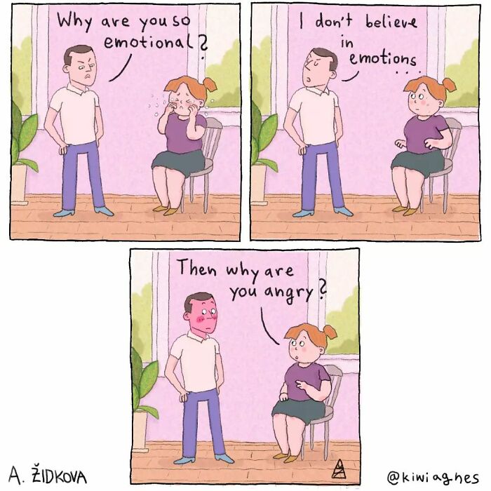A man questions a crying woman about her emotions. He claims not to believe in emotions, but she points out his anger, leaving him visibly frustrated.