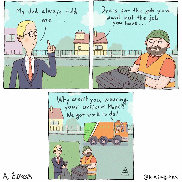 A man in a suit stands next to a garbage bin, while a coworker in a uniform asks why he isn't dressed appropriately for their job as garbage collectors.