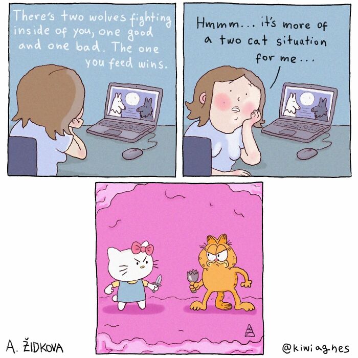 A person looks at a laptop displaying an image of two wolves fighting. Below, a humorous interpretation shows Hello Kitty with a knife facing off against Garfield holding a spiked club in a pink background.