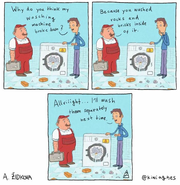 A repairman observes a washing machine filled with rocks and bricks as a confused customer asks why it broke. The customer decides to wash them separately next time.