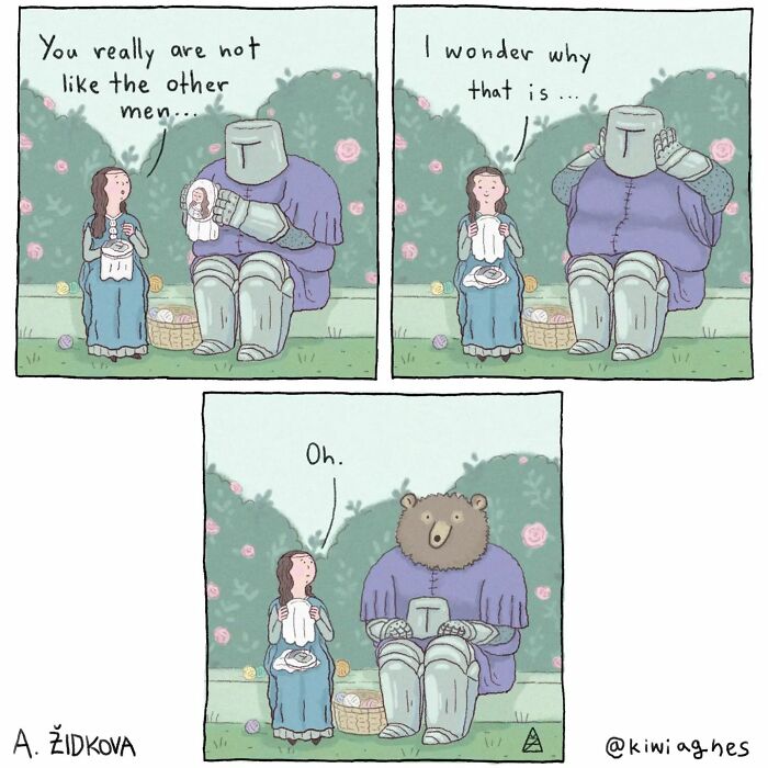 A woman is sitting on a bench with a large knight in armor. She notices he’s different and then realizes he’s actually a bear in armor.