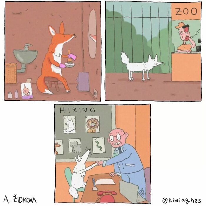 A fox applies white paint to its fur, visits a zoo dressed as a wolf, and attends a job interview where it shakes hands with an employer.