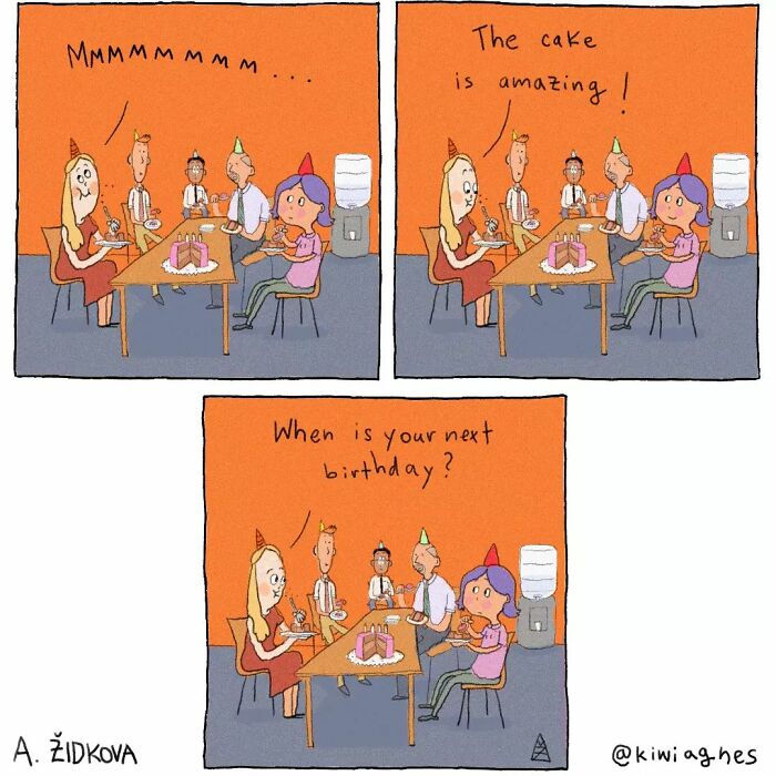 A group of people in party hats sit around a table. One person is enjoying a slice of cake, and another asks,