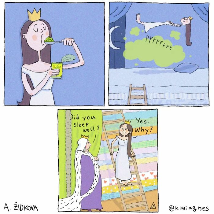 A princess eats beans, creating a green cloud in her sleep, floats in the air, then looks puzzled as she tells a queen she slept well.