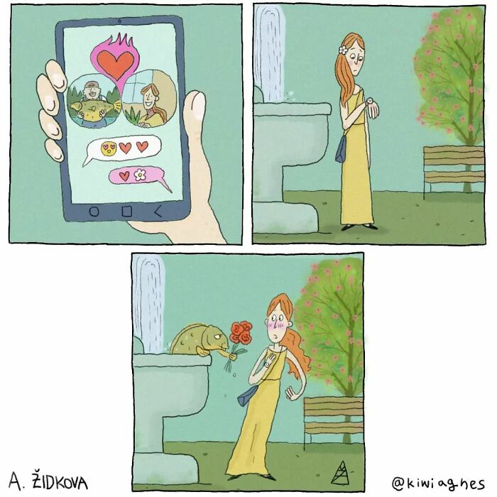 A woman receives romantic messages on her phone and waits by a fountain. A frog emerges from the fountain, offering her a flower, surprising her.