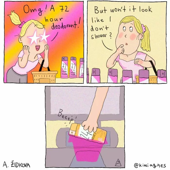 A woman excitedly spots a 72-hour deodorant in a store aisle. She then ponders if using it will make her seem like she doesn't shower. Finally, she opts to buy a 24-hour deodorant instead.