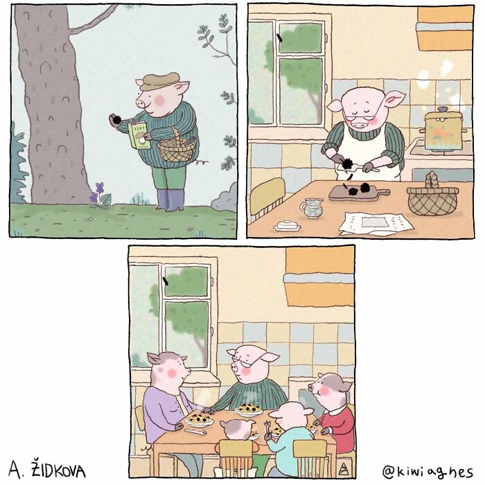 A pig dressed in a green sweater and cap picks mushrooms near a tree, reads a book, and later prepares a meal in the kitchen. The family sits around the table eating, with spiders visible in the food.
