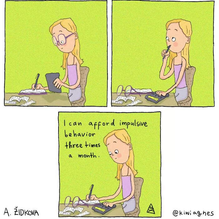 A girl sits at a desk calculating her budget, surrounded by papers and a calculator. She thinks about how she can afford impulsive behavior three times a month.