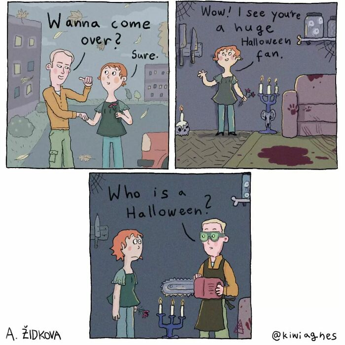 A person invites another to their home. Inside, the guest sees a room decorated with skulls, knives, and what looks like bloodstains. The host is wearing goggles, holding a chainsaw, and asking,