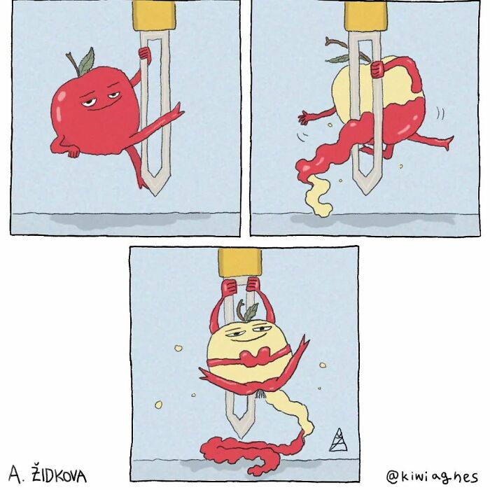 A comic shows an apple holding onto a peeler. In three panels, the apple gets peeled, revealing a relaxed expression as its peel falls away.
