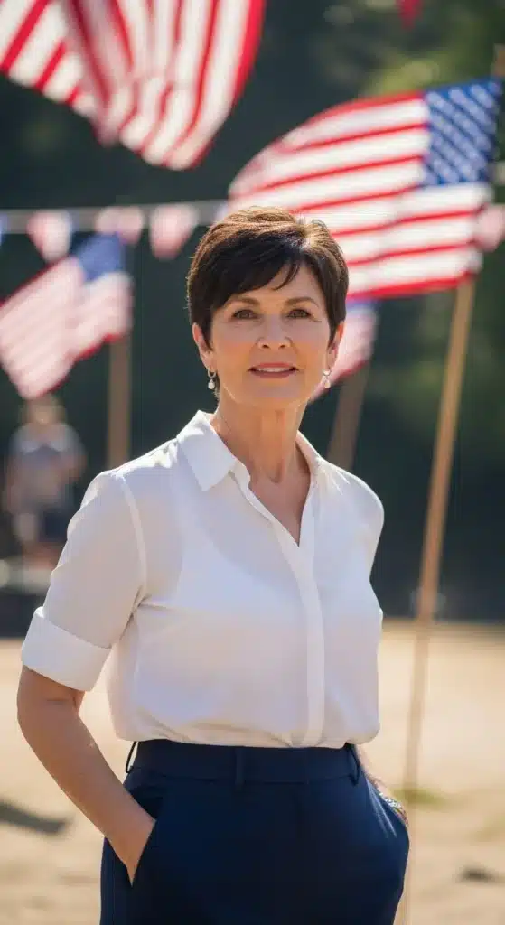 Chic boy cut hairstyle for women over 60 styled for 4th of July 2025, showing short cropped hair in a festive outdoor setting.