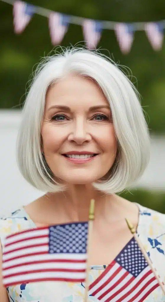 Classic chin-length bob hairstyle for women over 60 styled for 4th of July 2025, showing neat silver hair in a bright, festive outdoor setting.