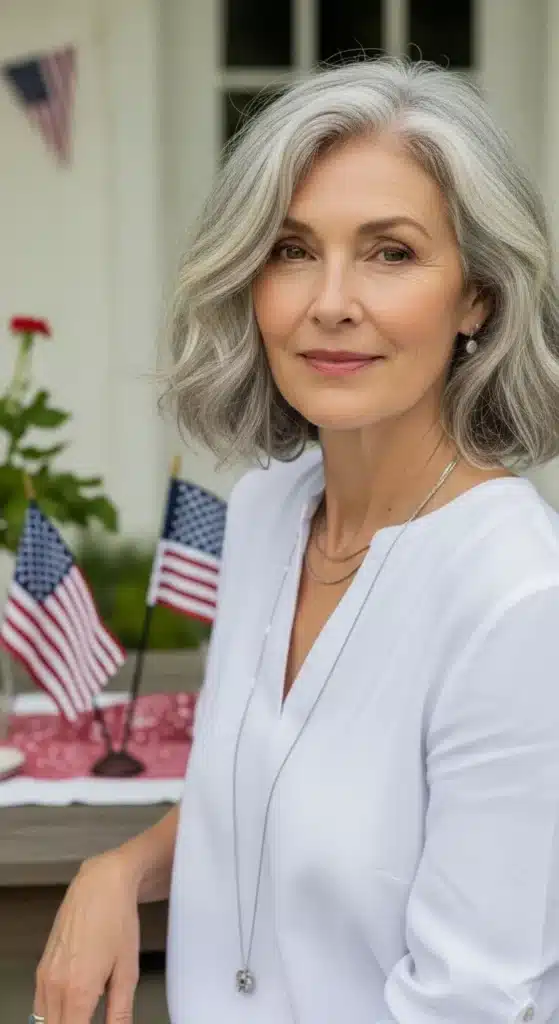 Classic shoulder-length waves hairstyle for women over 60 styled for 4th of July 2025, showing soft natural waves with silver hair in a cheerful summer celebration setting.