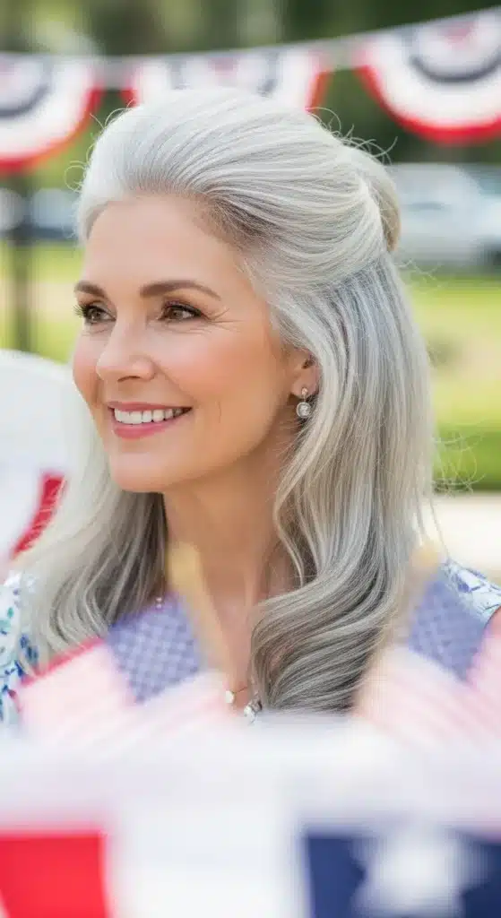 Crown volume half-updo hairstyle for women over 60 styled for 4th of July 2025, with teased crown and pinned top section in a bright, cheerful summer setting.