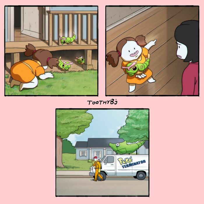 A child discovers strange insect creatures in the backyard, shows them to an adult, and an exterminator later carries the giant insects to a