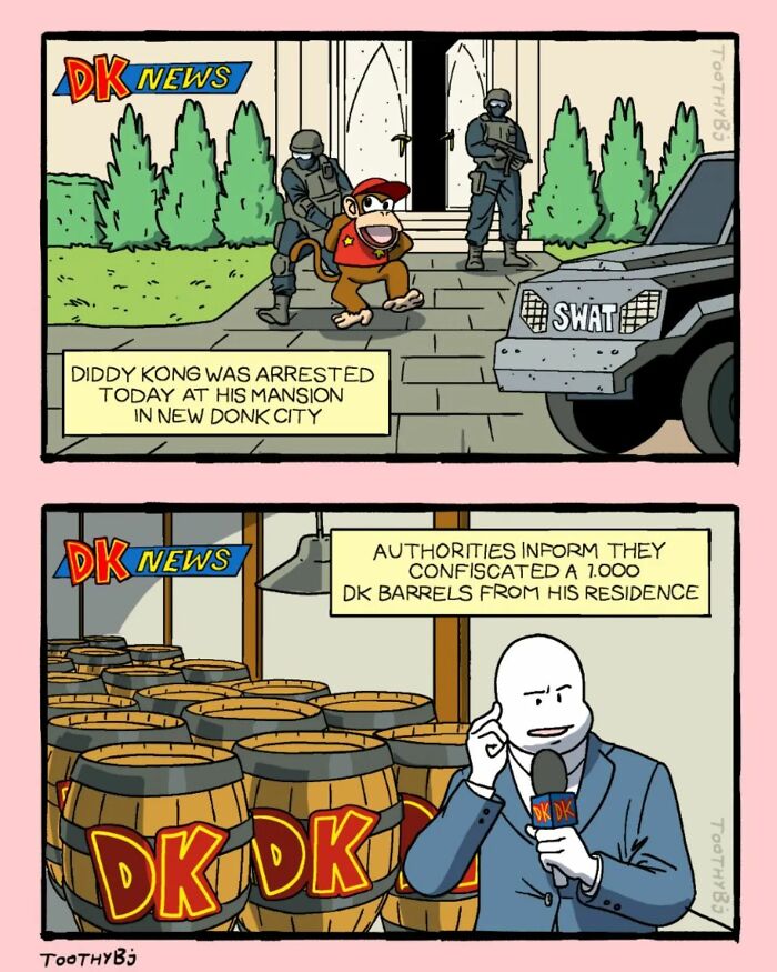 A cartoon scene shows Diddy Kong arrested by SWAT outside a mansion. Another panel features a news reporter in front of numerous 'DK' barrels, stating they were seized from Diddy Kong's residence.