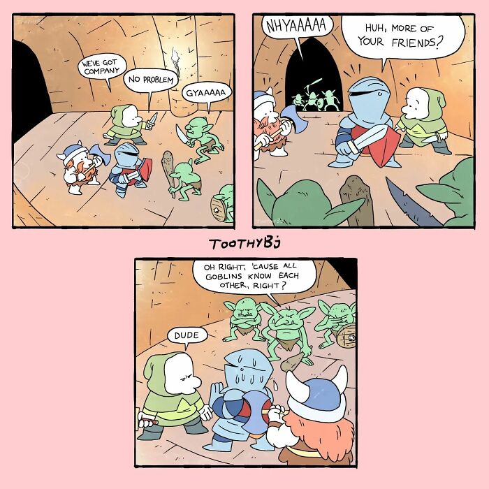 Three adventurers confront goblins in a dungeon. One adventurer suggests the goblins are