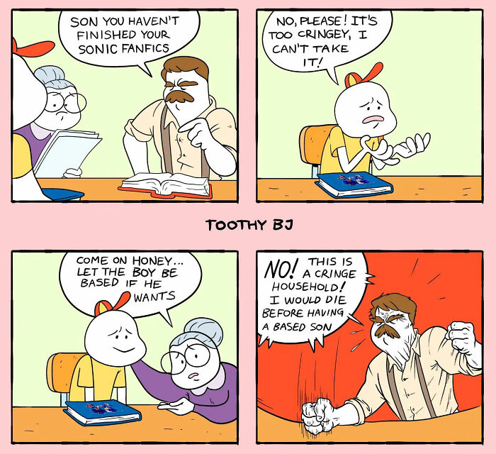A parent scolds their child for not finishing Sonic fanfics, while the child protests that it's too cringey. The other parent suggests letting the child write as they want, but the first parent angrily insists on maintaining a