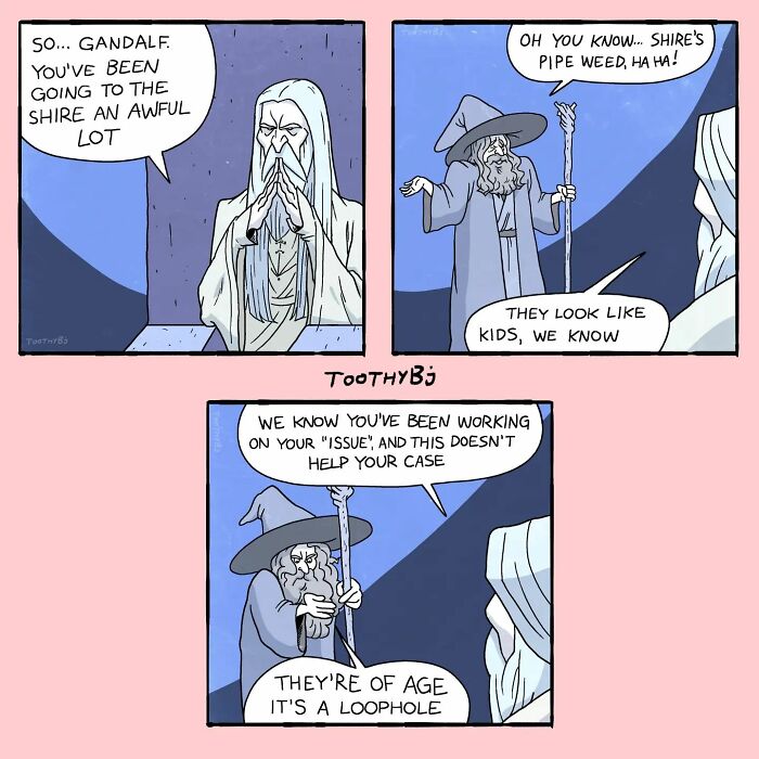 A character resembling a wizard is nervously questioned about frequent trips to a specific location, suggesting dubious reasons. Another figure points this out, with humorous dialogue about the situation.