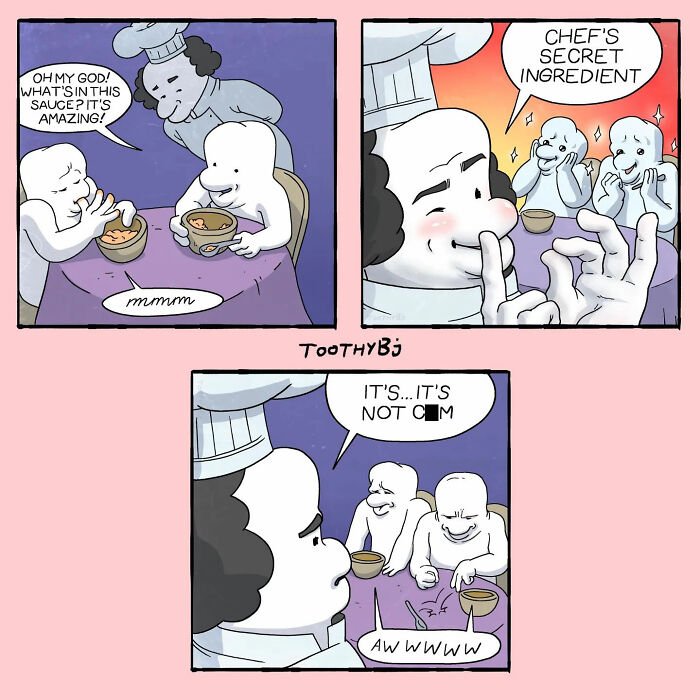 Two people are eating at a table, greatly enjoying their food. A chef whispers about a secret ingredient but never reveals it, leaving them in awkward suspense.