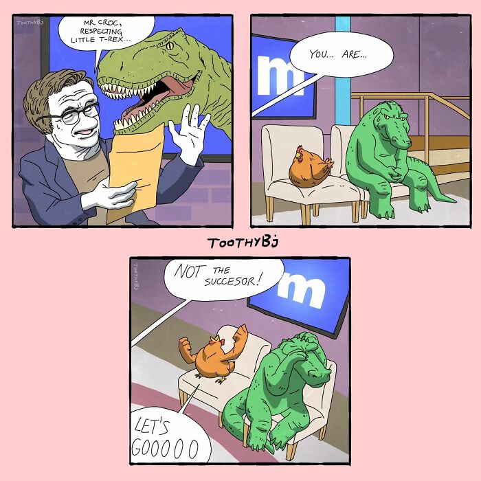 A dinosaur and a chicken are on a talk show. The host announces the chicken as the successor instead of the dinosaur, leaving the dinosaur disappointed.