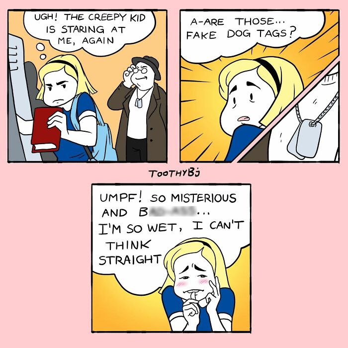 A girl at a bus stop is concerned about a man staring at her. She notices he’s wearing fake dog tags and her thoughts turn comically dramatic.