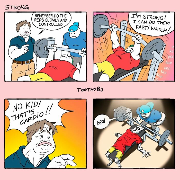 A person at the gym is being instructed to lift weights slowly. They ignore the advice, lifting quickly, and end up crushed under the barbell, turning into a skeleton.