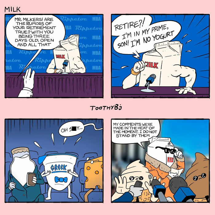 A muscular milk carton is at a press conference, denying retirement rumors. In the next panel, Milk retracts his statement, surrounded by reporters.