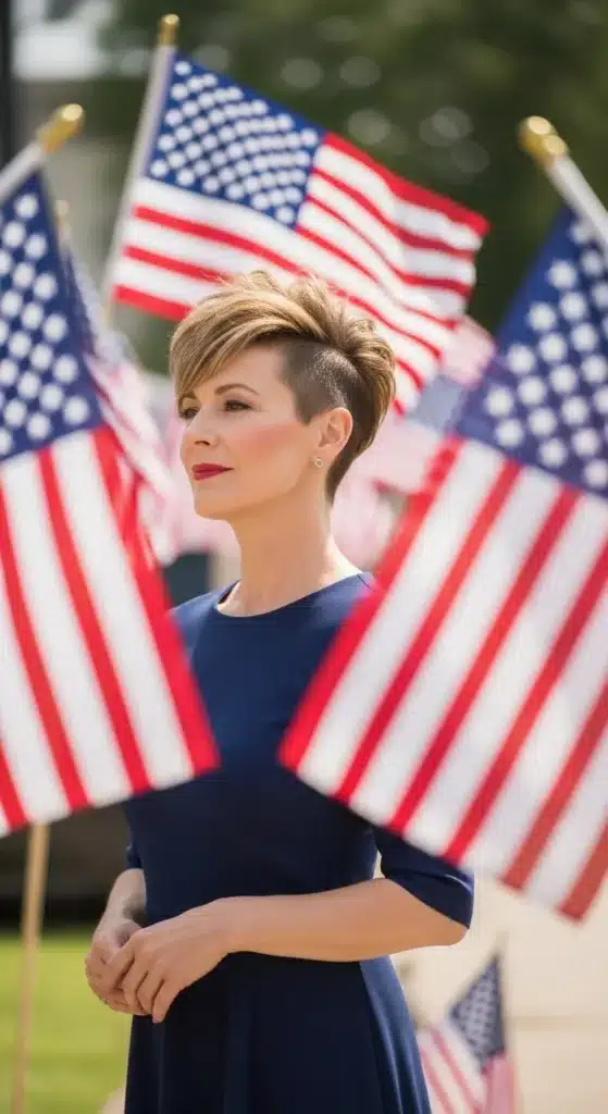 Edgy undercut pixie hairstyle for women over 60 styled for 4th of July 2025, featuring bold short hair in a festive outdoor setting.