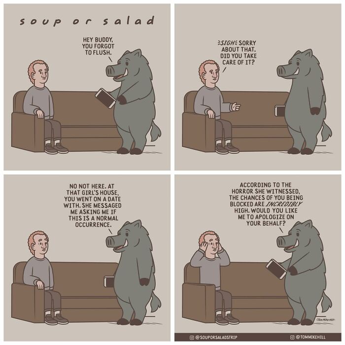 A character resembling a boar talks to a man sitting on a couch about forgetting to flush a toilet at a date's house, while holding a book. The conversation reveals the potential consequences of this oversight.
