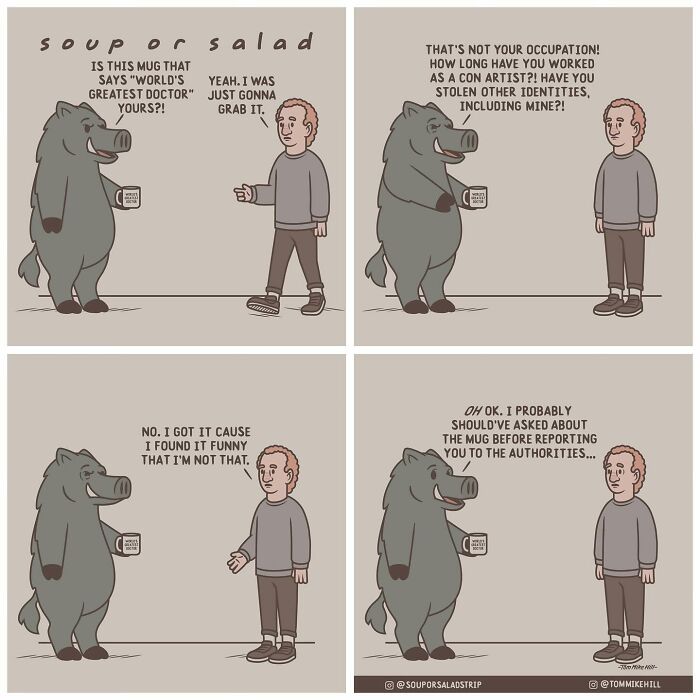 A person stands next to a talking boar holding a mug that says