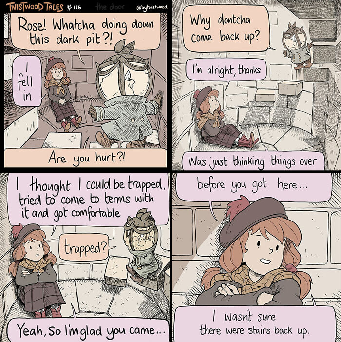 A girl thinks she’s stuck in a pit until someone points out there are stairs all along.