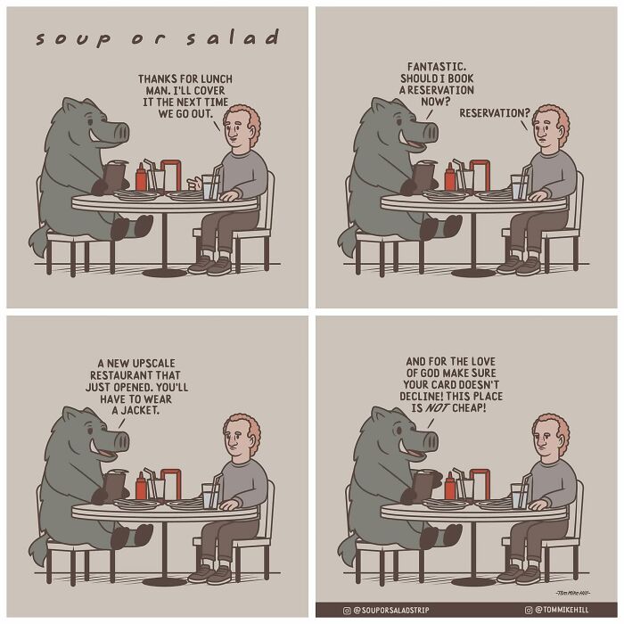 A human and a boar are sitting at a table in a diner. The human offers to pay next time, and the boar suggests a fancy new restaurant, cautioning about wearing a jacket and not letting the credit card decline.